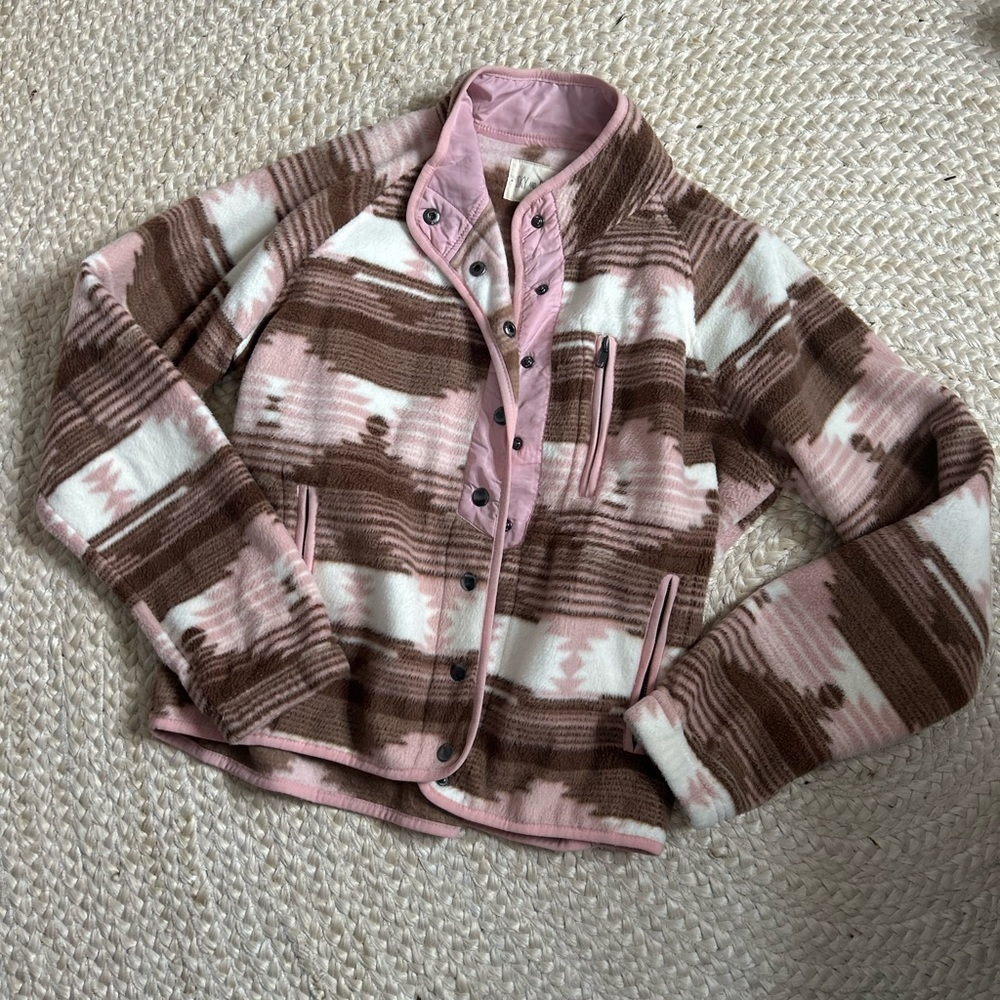 Women’s jacket coat L sky & sparrow snap up long sleeve sweater pink brown